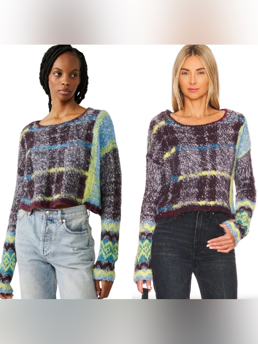 Free People Fuzzy Plaid Cropped Sweater in Gray, Yellow & Blue